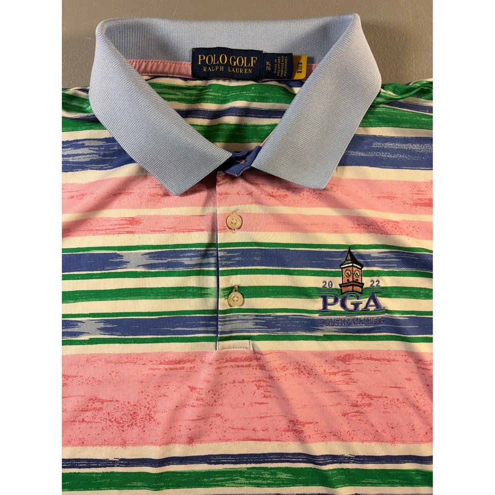 Polo Golf Ralph Lauren Polo Shirt Mens XL Pink Blue 2022 PGA Southern Hills Logo